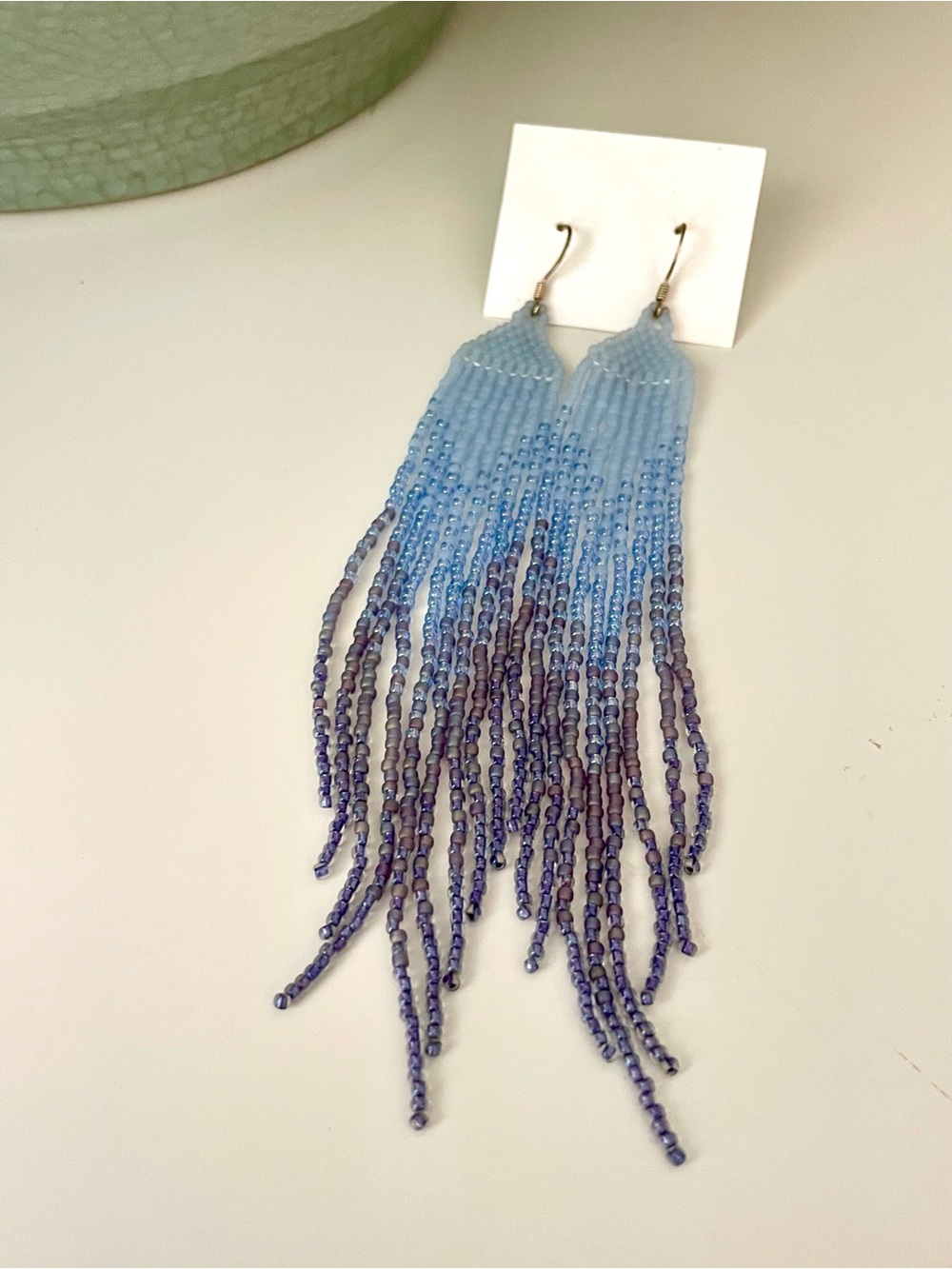Handmade Ombre Blue Beaded Fringe Earrings